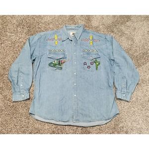 Vintage 90s Field Gear Western Embroidered Chambray Denim Shirt Womens Large L